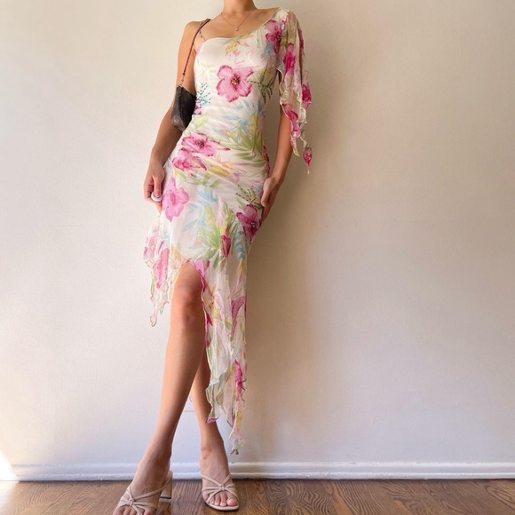 VINTAGE SILK FLORAL BEADED PAPILLON DRESS - Picture 1 of 8